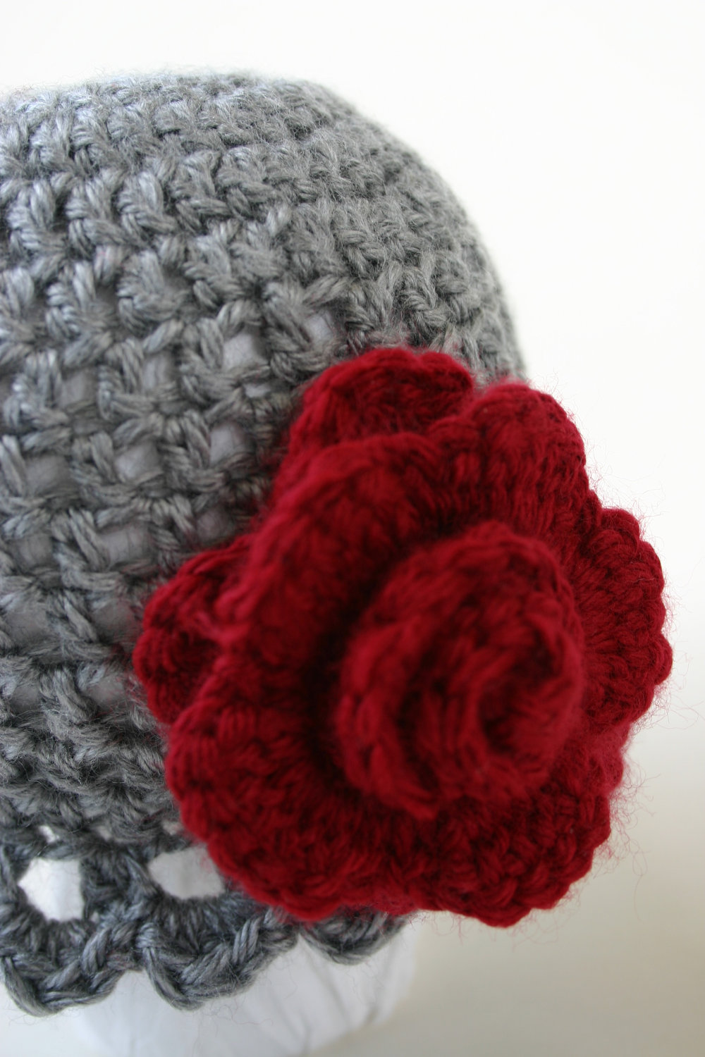 Gray Ruffle Cloche With Deep Red Rose, Newborn Hat on Luulla