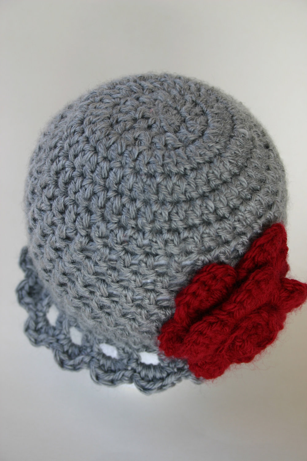 Gray Ruffle Cloche With Deep Red Rose, Newborn Hat on Luulla
